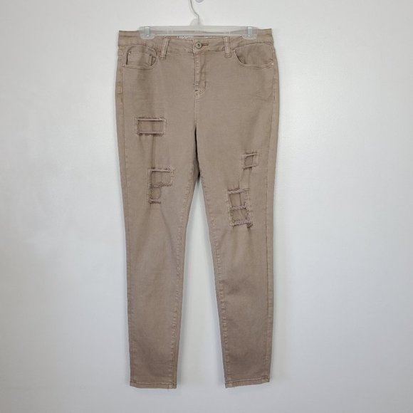 Hippie Laundry Tan Taupe Distressed Destructed Mid Rise Skinny Jeans Size 31 - Picture 1 of 13